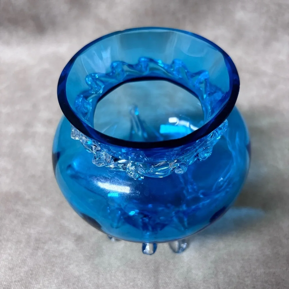 Blue Glass Footed Vase Hand Blown Applied Ribbon Pilgrim Glass Made in USA